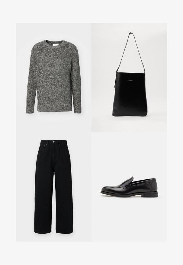 Gray knitted sweater with a round neckline and long sleeves. Textured pattern throughout, featuring a relaxed fit and ribbed cuffs.; Black wide-leg pants made of cotton, featuring a high waist, front pockets, silver-tone button, and clean hemline.; Black leather loafers with a smooth texture, rounded toe, and a decorative strap across the vamp. Low stacked heel, minimalist design.; Black leather shoulder bag with a smooth texture, rectangular shape, and a long strap; features a small white logo at the center.