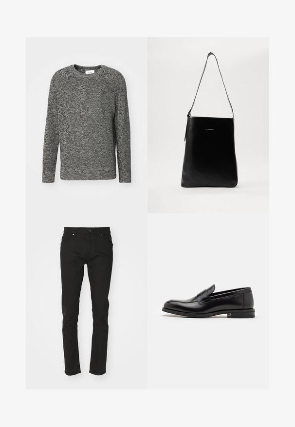 Grå stickad tröja med rund hals och långa ärmar. Strukturerat mönster överallt, med en avslappnad passform och ribbade manschetter.; Svarta jeans med slim fit-design, som har fem fickor, en standard midja och metallbeslag. Slät textur med minimal detaljering.; Svarta läderloafers med en slät yta, rund tå och ett dekorativt band över främre delen. Låg staplad klack, minimalistisk design.; Svart läderaxelväska med en slät textur, rektangulär form och en lång rem; har en liten vit logotyp i mitten.