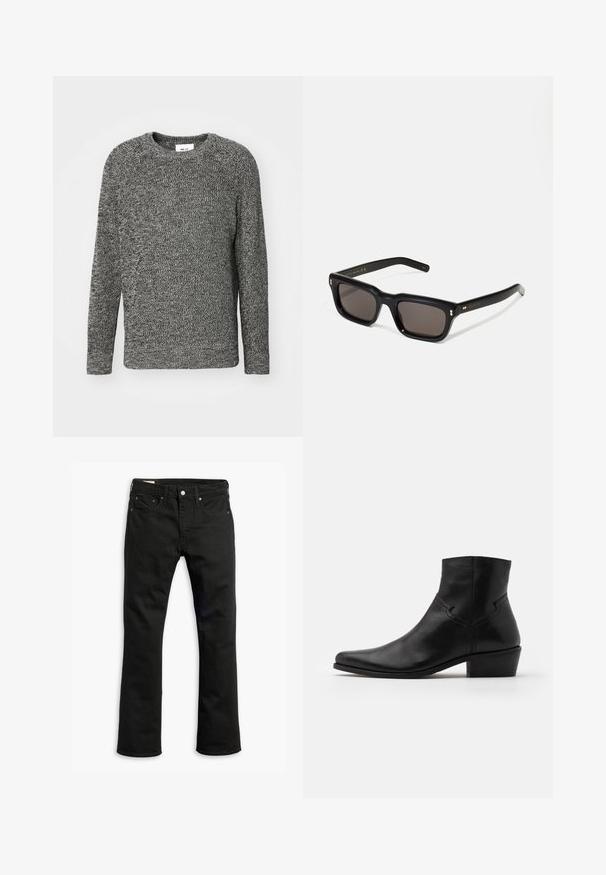 Grijze gebreide trui met een ronde halslijn en lange mouwen. Textuurpatroon over de hele trui, met een ontspannen pasvorm en geribbelde manchetten.; Zwarte denim jeans met een recht gesneden ontwerp, vijf zakken, metalen knoopsluiting en subtiele stikseldetails. Gladde textuur en effen kleur.; Zwarte leren enkellaars met een spitse neus, minimale stiksels, een middellange blokhak en een gladde, gepolijste afwerking.; Zwarte rechthoekige zonnebril met donkere lenzen, een dik plastic montuur, gouden accenten op de veren en het merkembleem gegraveerd op de arm.