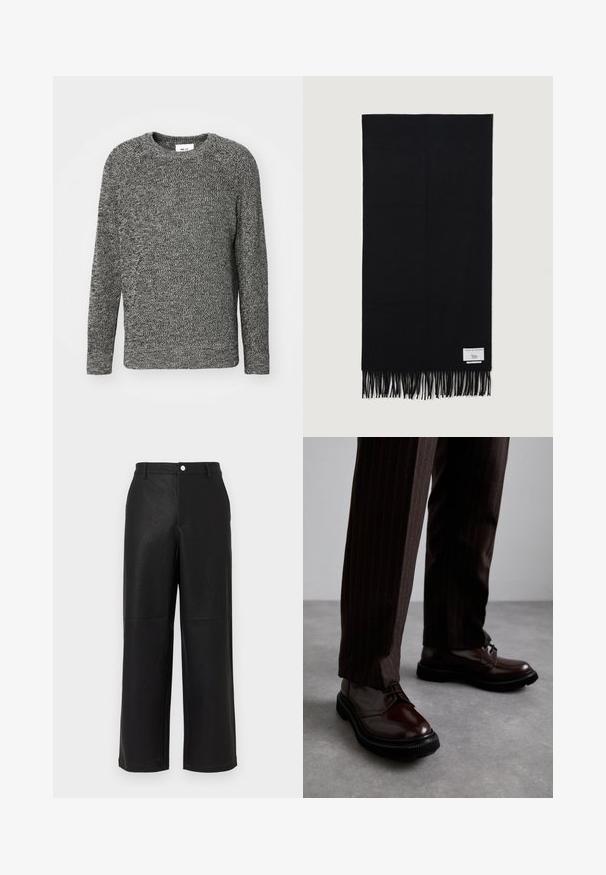 Harmaa neulepusero, jossa on pyöreä pääntie ja pitkät hihat. Teksturoitu kuvio koko puserossa, rento malli ja ribbaustikkaus hihoissa.; Mustat tekonahkaiset leveät housut, joissa on hienovarainen teksturointi. Varustettu etutaskuilla ja sileällä vyötärönauhalla, jossa on nappikiinnitys.; Ruske nahkasaapad, joissa on kiiltävä pinta, musta kumipohja ja hienovarainen ompelu. Yhdistetty raitapolkkaisiin ruskeisiin housuihin.; Mustakankainen huivi, joka on valmistettu pehmeästä kankaasta. Huivissa on pitkät hapsut päissä ja pieni brändilogo toisella puolella.