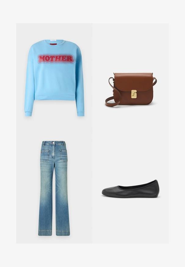 Mother THE DROP SQUARE - Sportska majica - light blue; Bijela majica s kratkim rukavima izrađena od rebraste tkanine. Okrugli izrez, klasičan kroj i suptilni detalji šivanja. Bez uzoraka ili grafika.; Svijetloplave traperice s flare krojem, pet džepova, petljama za pojas, zatvaranjem na gumb i blago izblijedjelom teksturom, s detaljem crvenog loga na stražnjoj strani.; Crne kožne baletanke s zaobljenim vrhom, glatke teksture, minimalnim detaljima šavova i fleksibilnim dizajnom potplata.; Smeđa kožna torba s preklopom, zlatnim detaljima, remenom za nošenje preko ramena i glatkom teksturom. Kompaktni pravokutni oblik.