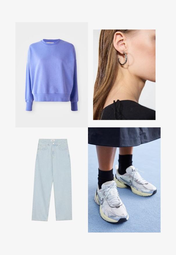 Light purple sweatshirt in soft fabric, featuring a rounded neckline and long sleeves with ribbed cuffs and hem. Smooth texture, casual style.; Light blue wide-leg jeans made of denim, featuring a mid-rise waist, five pockets, and a button closure with a slim metal accent.; White and silver Nike sneakers with mesh fabric, reflective accents, and a beige sole. Worn with black socks, standing on a blue surface.; Silver hoop earring with a polished finish, featuring small gold accent details and a round shape, worn on the lobe.