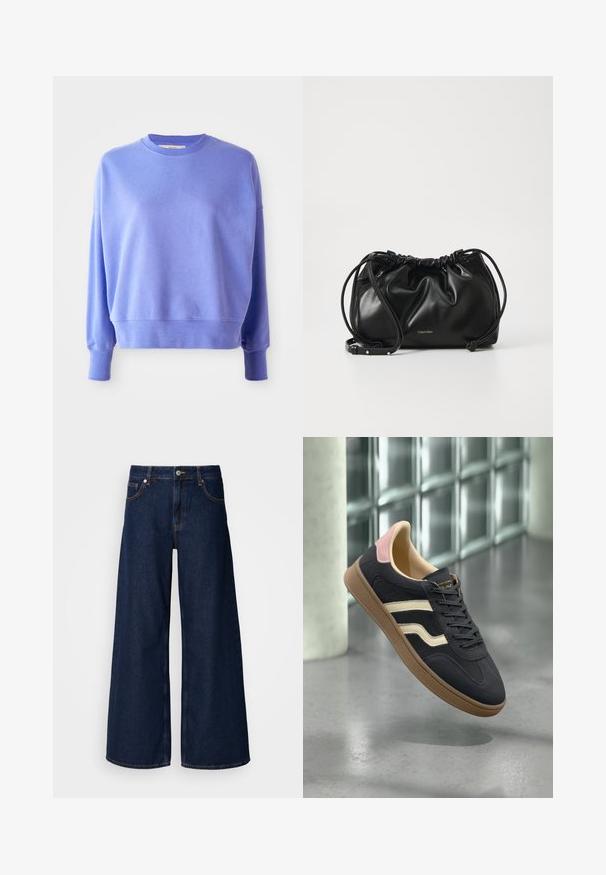 Sudadera de color morado claro en tejido suave, con un escote redondeado y mangas largas con puños y dobladillo acanalados. Textura lisa, estilo casual.; Jeans de mezclilla azul oscuro de pierna ancha con una cintura alta, bolsillos frontales y cierre de botón. Presentan costuras en contraste y una textura suave.; Zapatillas de cuero azul marino con rayas crema, detalles en rosa en el talón y una suela de goma texturada en color marrón claro. Diseño clásico de perfil bajo.; Bolso de mano de cuero negro con diseño fruncido, cierre de doble cordón y correa de hombro desmontable. Presenta un detalle metálico del logo.