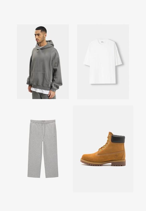 DEF HERREN - Kapuzenpullover - anthracite washed; Weißes kurzärmliges T-Shirt aus Baumwolle mit Rundhalsausschnitt und lockerer Passform. Glatte Textur, ohne sichtbare Muster oder Akzente.; Graue Baumwoll-Loungehosen mit elastischem Bund, Kordelzug und zwei seitlichen Taschen; gerader Schnitt, weiche Textur, ohne Muster.; Beige Wildleder-Ankle-Boot mit schwarzem gepolstertem Kragen, goldenen Metallösen, weißen Nähdetalben und einer robusten Gummisohle mit ausgeprägtem Profil.