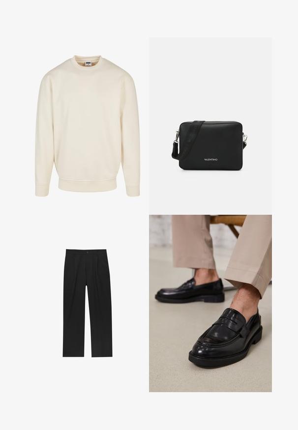 Krémový sveter so žebrovaným výstrihom a manžetami. Má voľný strih, jemnú textúru, a neobsahuje viditeľné vzory alebo grafiku.; Čierne nohavice s rovnými nohavicami, vyrobené z hladkej tkaniny. Majú predné puky a jediné gombíkové zapínanie v páse.; Čierne kožené poltopánky s hladkým povrchom, so zdobným remienkom a kontrastným prešívaním, skombinované s béžovými nohavicami.; Čierna obdĺžniková crossbody taška vyrobená z textúrovaného materiálu, s kovovou sponou v striebornom odtieni a nastaviteľným popruhom so značkovým logom.