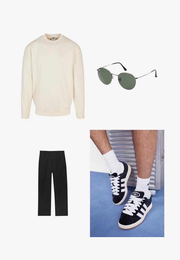 Crème kleurige sweatshirt met een geribde halslijn en boorden. Heeft een losse pasvorm, zachte textuur en geen zichtbare patronen of graphics.; Zwarte broeken met een recht model, gemaakt van een gladde stof. Voorzien van een voorplooien en een enkele knoopsluiting bij de taille.; Zwarte suède sneakers met witte veters en drie witte strepen. Heeft een cirkelvormig zwart logo op de tong en een gumrubberen zool.; Metalen zonnebril met ovale groene lenzen. Dunne zilveren metalen rand en zwarte oorstoppers. Minimalistisch ontwerp, zonder zichtbare logo's.