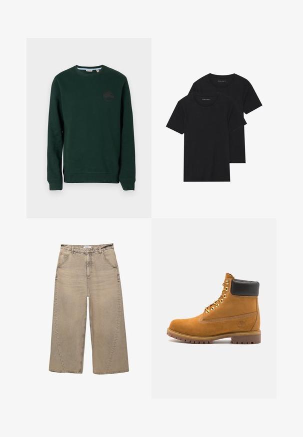 Tummanvihreä collegepaita, joka on valmistettu puuvillasekoitteesta, jossa on pyöreä kaula-aukko, pitkät hihat, resorihihansuut ja huomaamaton logo rinnassa.; Kaksi mustaa puuvillapaitaa lyhyillä hihoilla, pyöreällä kauluksella ja sileällä pinnalla, esillä päällekkäin.; PULL&BEAR MEGA BAGGY - Baggy-farkut - light grey; Valkoinen nahkainen nilkkuri mustalla pehmustetulla kauluksella, kultaisilla metallisilla rei'illä, valkoisella ompeluksella ja jykevällä kumipohjalla, jossa on selvästi näkyvät urat.