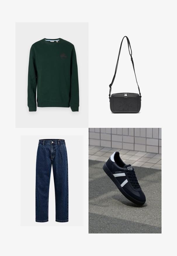 Dunkelgrüner Sweatshirt aus Baumwollmischung, mit Rundhalsausschnitt, langen Ärmeln, gerippten Bündchen und einem dezenten Logo auf der Brust.; Dunkelblaue Denim-Jeans mit geradem Bein. Mit sichtbaren Nähten, einem Knopfverschluß und Frontfalten für zusätzliche Details.; Schwarze Leder-Sneaker mit weißen Streifen, strukturiertem Gummisohle und Schnürung. Verfügt über ein Markenetikett auf der Zunge.; Schwarze Leder-Crossbody-Tasche mit einem Reißverschluss, geprägtem Logo auf der Vorderseite und verstellbarem Riemen. Glatte Textur mit rechteckiger Form.