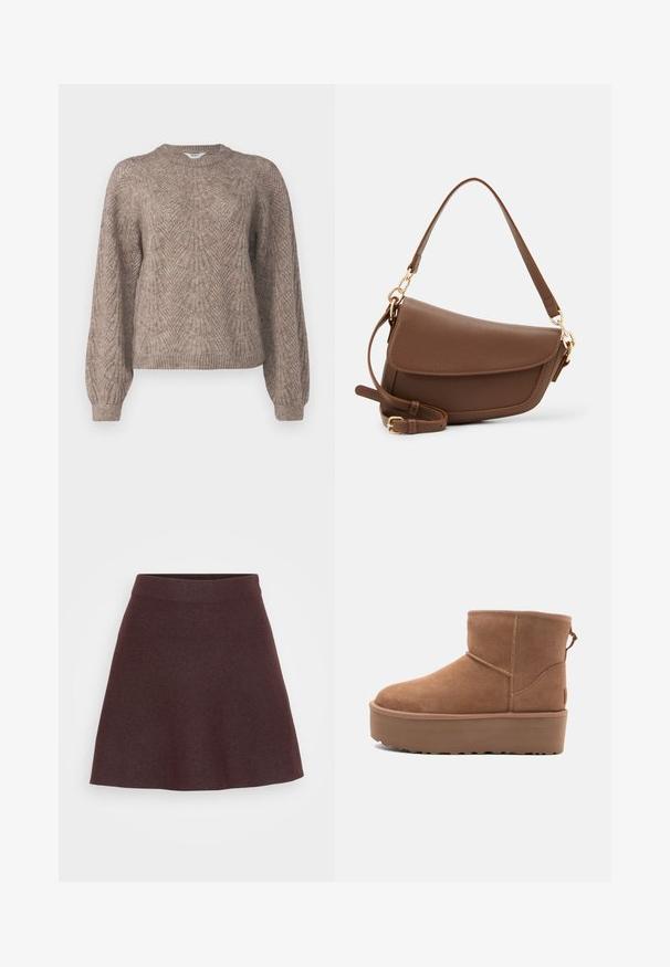 Suéter leve de mangas longas numa tonalidade castanho-bege. Apresenta um padrão texturizado com um decote redondo e punhos e bainha canelados.; Saia de malha burgundy com um design evasé, cintura larga e textura suave, apresentando uma cor sólida sem padrões ou detalhes.; Bota ankle em suede bege com sola plataforma, ponta arredondada e acabamentos de costura; conta com uma alça na parte de trás para facilitar o calçar.; Saco de ombro em couro castanho com um acabamento texturizado, forma curva, metal dourado, alça ajustável e fecho com aba.