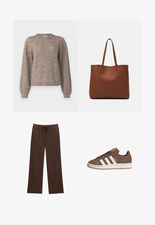 Långärmad, lätt sweater i en beige-brun nyans. Har ett strukturerat mönster med rund halsringning och ribbade mudd och fåll.; Bruna vida byxor i mjukt tyg, med resårmidja och dragsko samt två sidofickor.; Bruna mockaskor med vita läderremsor, gummisula, rund tå och snörning framtill. Har en logotyp på tungan och perforerade detaljer.; Brun läder tote-väska med en slät textur, öppen toppdesign och två axelremmar. Har minimal söm och ingen synlig metalldetalj.