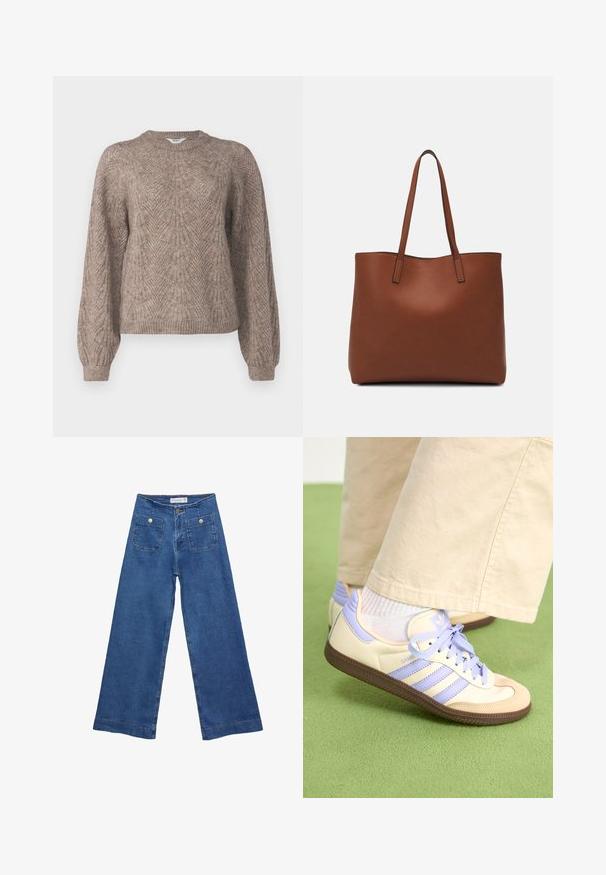 Pull léger à manches longues dans une teinte beige-brun. Présente un motif texturé avec un col rond et des bords ribbés.; Jeans en denim à jambes larges avec un délavage bleu moyen, deux poches avant avec fermetures à bouton, et des détails cousus le long des ourlets.; Baskets crème et lavande avec trois bandes et une semelle marron texturée, dotées de lacets et d'un talon rembourré. Tige en tissu doux.; Sac fourre-tout en cuir marron avec une texture lisse, design à ouverture supérieure et deux poignées pour le porter à l'épaule. Présente des coutures minimales et aucun matériel visible.
