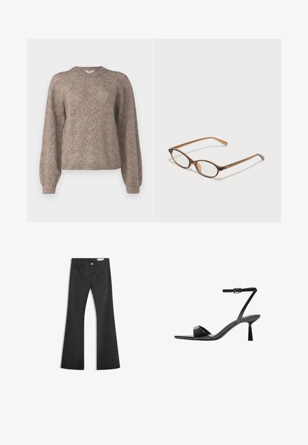 Pull léger à manches longues dans une teinte beige-brun. Présente un motif texturé avec un col rond et des bords ribbés.; Jean noir évasé en denim avec une texture lisse, comportant deux poches arrière et une fermeture boutonnée à la taille.; Bershka Sandales à talons hauts - black; Lunettes en écaille de tortue marron avec des verres ovales, des branches fines et des accents transparents. Présente un logo subtil sur la branche. Design élégant et léger.