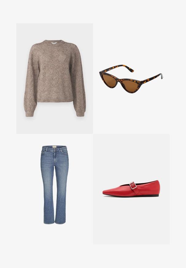 Langärmliger, leichter Pullover in einem beige-braunen Farbton. Verfügt über ein strukturiertes Muster mit einem runden Ausschnitt sowie gerippten Bündchen und Saum.; Mitteldicke, gerade geschnittene Jeans in Blau mit vorderem Knopf- und Reißverschluss, Gürtelschlaufen sowie Vorder- und Hintertaschen.; Rote Leder-Ballerina mit einer spitzen Zehe, ausgestattet mit einem Seitenriemen mit einer Metallschnalle und einem niedrigen schwarzen Absatz. Glatte Textur über die gesamte Fläche.; Katzenaugen-Sonnenbrille mit einem schwarz-orangenen Schildpattrahmen, braunen Gläsern und schlanken, spitzen Enden. Verfügt über ein minimalistisches Logo am Bügel.; Silberne Creolen mit gedrehter Gestaltung, ausgestattet mit einer polierten Oberfläche und einer Steckverschluss. Sie haben einen Durchmesser von ca. 3 cm.