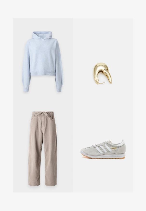 Hollister Co. COZY POPOVER HOODIE - Džemperis - zen blue; Šviesiai rudi kordūriniai kelniai, laisvo kirpimo, su raišteliu reguliuojamu juosmeniu, dviem priekinių kišenėlių ir vertikalia juostele.; Šviesiai pilki sportbačiai, pagaminti iš zomšos ir tinklinės medžiagos, su trimis baltais dryžiais, apvaliu pirštu ir guma padu. Auksinė logotipo detalė šalia raištelių.; Aukso tono metalinės auskarai su stilingu, kreiviu dizainu. Išsiskiria ryškiu smailiu pavidalu, poliruota paviršiumi ir užsegimu su vyriu.