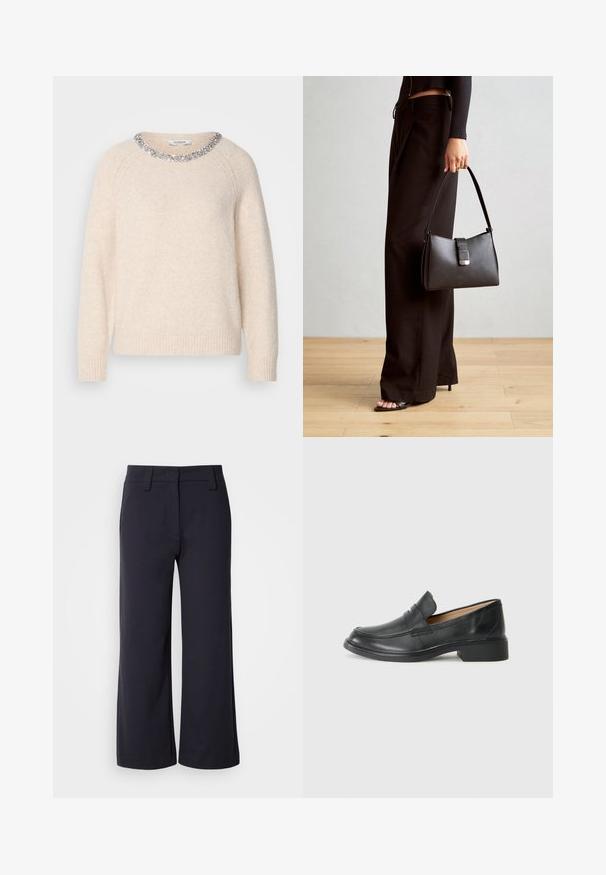 Lys beige genser med rund hals, utsmykket med en krage av sølvperler, ribbestrikkede mansjetter og hem, laget av myk, teksturert stoff.; Vide benbukser i mørk navy-stof. Har flad front, bæltesløjfer og sidelommer. Materialet er glat med en let stræk.; Svart skinnloafers med lav hæl, med en sømmet design og slip-on stil, mot en ensfarget hvit bakgrunn.; Svart håndveske med strukturert form, jevn tekstur og metallisk lås. Kombinert med brede svarte bukser og sandaler med åpen tå på tregulv.
