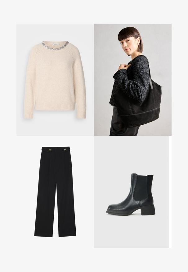 Pulover bej deschis cu guler rotund, colier din mărgele argintii ornamentate, manșete și tiv cu dungi, realizat dintr-un material moale și texturat.; Pantaloni negri cu picioare largi, talie înaltă, detalii cu butoane pe talie și pliseuri în față.; Botină neagră din piele cu panouri elastice pe lateral, vârf rotund și toc jos în formă de bloc. Suprafața are o textură netedă și detalii minime.; Geantă tote din suede negru, cu o textură netedă, formă structurată și cusături contrastante. Dispune de bretele lungi pentru purtare pe umăr.