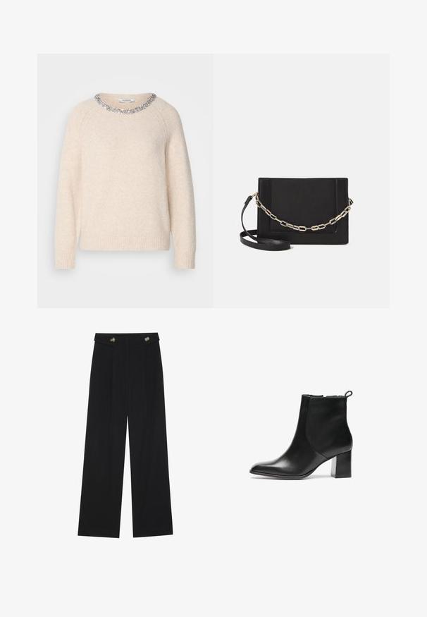 Light beige sweater with a round neckline, embellished silver beaded collar, ribbed cuffs, and hem, made from soft, textured fabric.; Black wide-leg trousers with high waist, button details on waistband, and front pleats.; Black leather ankle boot with a rounded toe, a mid-height block heel, and a pull tab at the back. Smooth texture, minimal design.; Black leather crossbody bag featuring a smooth texture, rectangular shape, and a metallic chain detail on the front. Adjustable strap included.