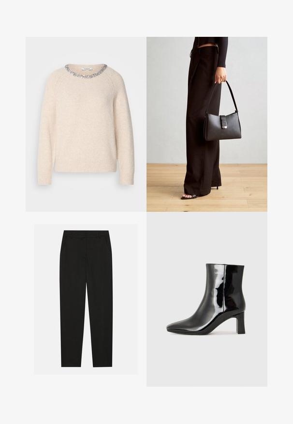 Lys beige genser med rund hals, utsmykket med en krage av sølvperler, ribbestrikkede mansjetter og hem, laget av myk, teksturert stoff.; Sorte bukser med skreddersydd design, med sidelommer og rett ben. Laget av glatt, lett stoff med en elegant finish.; Sorte patentlær ankle boot med spiss tå og en mellomhøy blokkhelt. Glatt tekstur og minimalistisk design.; Svart håndveske med strukturert form, jevn tekstur og metallisk lås. Kombinert med brede svarte bukser og sandaler med åpen tå på tregulv.