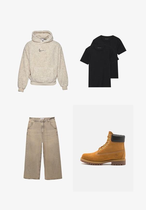 Cremefarvet fleece pullover hoodie med en frontlomme, tætsiddende manchetter og en diskret logodetalje på brystet. Blød, tekstureret overflade.; To sorte bomulds t-shirts med korte ærmer, rund halsudskæring og en glat tekstur, vist stablet sammen.; PULL&BEAR MEGA BAGGY - Baggy jeans - light grey; Tan nubuck ankelstøvle med sort polstret krave, gyldne metaløjer, hvid syning detaljer og robust gummisål med udtalte slidbaner.