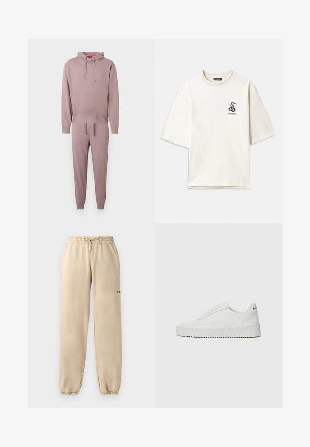 Hoodie- en joggingset van zachte mauvekleurige stof. Voorzien van geribde manchetten, een ontspannen pasvorm en een kangoeroezak aan de voorkant van de hoodie.; Crème-kleurige oversized T-shirt van katoen. Heeft korte mouwen en een kleine zwarte slang graphic op de linkerborst.; Beige joggings met een elastische tailleband en trekkoord, met een geribbelde zoom en minimale merkvermelding aan de zijkant. Soepele textuur.; Witte leren sneaker met een gladde afwerking, ronde neus, platte veters en een gestructureerde zool. Kenmerkt zich door een subtiel logo op de hiel.