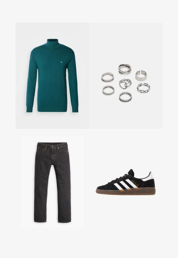 Mėlynas golfas, pagamintas iš lygaus mezgimo audinio. Turintis ilgomis rankovėmis ir subtiliai siuvinėtą logotipą ant krūtinės.; Juodi tiesūs džinsai su penkiais kišenėmis, saga ir vario vinimis, iškloti ant balto fono.; Juodos Adidas sportbačiai su baltais dryžiais, auksiniu „Spezial“ užrašu, guminėmis padais ir balta kulno juostele, rodomi šoninio vaizdo.; Septyni sidabriniai žiedai, nusprendti įvairiais dizainais, įskaitant susuktus, susietus ir raižytus raštus. Skirtingos formos ir pločiai.