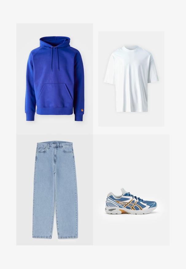 Felpa blu in cotone con una ampia tasca frontale, cappuccio regolabile con cordino e polsini a costine. Presenta un logo arancione sul fondo della manica.; Maglietta bianca a maniche corte realizzata in morbido cotone. Caratterizzata da un collo rotondo, una vestibilità comoda e una texture liscia. Nessun motivo o dettaglio visibile.; Jeans in denim azzurro chiaro con design a gamba dritta, caratterizzati da una vita media, cinque tasche e chiusura con bottone e zip.; Scarpa sportiva blu con tomaia in rete, dettagli bianchi e arancioni, intersuola ammortizzata e suola in gomma testurizzata. Presenta un design con lacci.