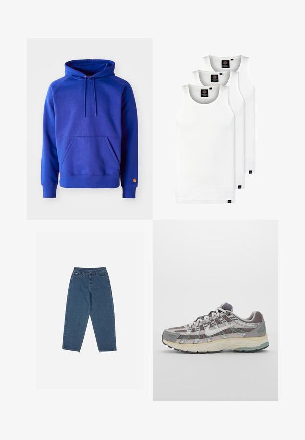 Plava pamučna dukserica s prostranim prednjim džepom, podesivim kapuljačom sa šnalanjem i rebrastim manžetama. Ima narandžasti logo na donjem dijelu rukava.; Tri bijele rebraste majice bez rukava od pamuka. Imaju okrugli izrez i male crne oznake blizu rubova. Dostupne su u više veličina.; Plave traperice s opuštenim krojem, visokim strukom, dizajnom s pet džepova i naglašenim šavovima. Imaju kopčanje na gumb i patentni zatvarač.; Siva sportska tenisica s gornjim dijelom od mrežaste tkanine i zamshta, bijelim detaljima, amortizirajućom potplatom i prepoznatljivim dizajnom s refleksivnim elementima.