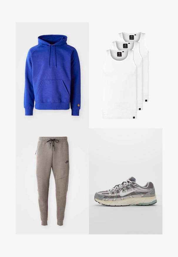 Mėlynas medvilninis treneris su erdvia priekinė kišene, reguliuojamu raišteliu ant kapšo ir guma apdirbtais rankogaliais. Ant apatinės rankovės yra oranžinė emblema.; Trys balti, dryžuoti marškiniai be rankovių, pagaminti iš medvilnės. Yra apvalus kaklas ir maži juodi etiketės netoli siūlės. Siūlomi įvairių dydžių.; Pilkos Nike kelnės su raišteliu liemenyje, siaurėjančiomis kojomis, šoninėmis kišenėmis ir išskirtiniais siūlų detalėmis. Minkšta, tekstūruota medžiaga.; Pilkas sportinis batas su tinklu ir zomšos viršutine dalimi, baltomis detalėmis, paminkštintu padu ir išskirtiniu dizainu su atspindinčiais elementais.