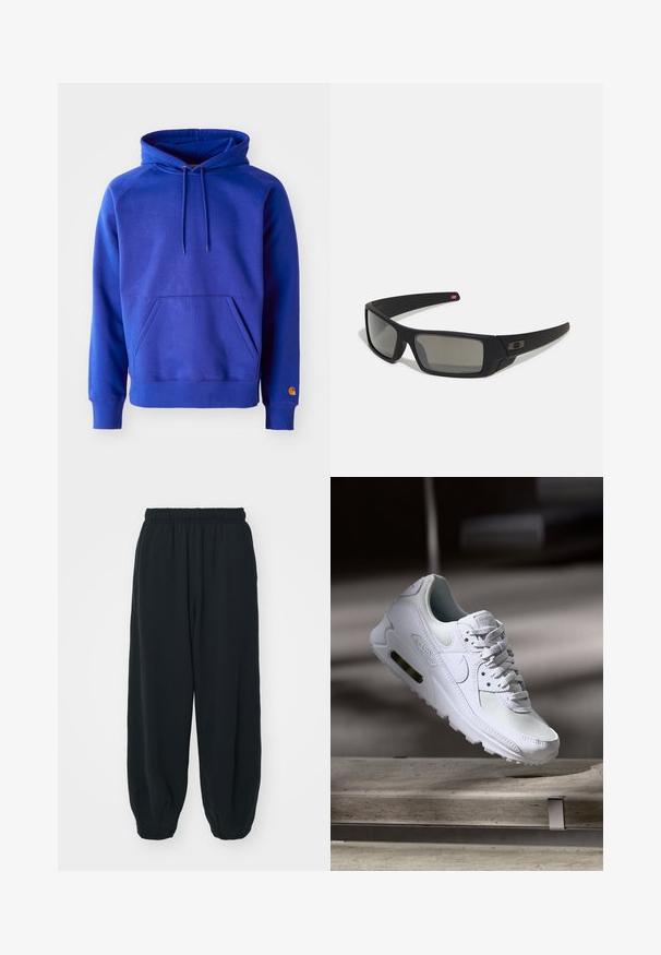 Niebieska bawełniana bluza z kapturem, z przestronną kieszenią z przodu, regulowanym kapturem ze sznurkiem oraz ściągaczami na rękawach. Na dolnym rękawie znajduje się pomarańczowe logo.; Czarne dresy z elastycznym pasem, luźny krój, ściśnięte nogawki, gładka tekstura, bez widocznych wzorów lub ozdób.; Białe sneakersy Nike Air Max 90 z siateczkowym i skórzanym wierzchem, perforowanym czubkiem oraz widoczną jednostką Air w pięcie.; Czarne okulary przeciwsłoneczne z matowym wykończeniem, prostokątne soczewki, lekko wygięte zauszniki, subtelny detal z logo oraz szkła w odcieniu dymnym.