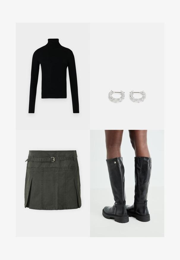Pulover negru cu mânecă lungă și guler tip turtleneck, cu margini ribbate la guler, manșete și tiv, expus pe un fundal alb simplu.; Fustă mini de bumbac, verde închis, cu talie ajustată, curea și plisse frontale. Prezintă detalii de cusătură și o croială clasică.; Cizme negre din piele, până la genunchi, cu o textură netedă, vârf rotund, talpă masivă și închidere cu fermoar. Prezintă un logo argintiu pe lateral.; Cercei argintii în formă de cerc, pe care sunt așezate cristale clare, rectangulare și triangulară, dispuse într-un design patterned. Acestora le sunt atașate piese pentru o fixare sigură.