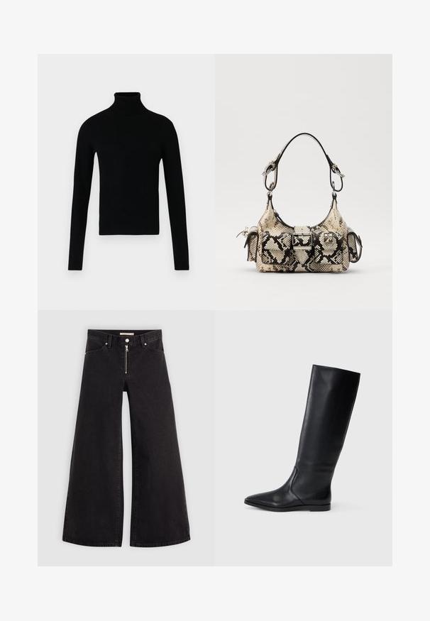 Crna dugosveđa turtleneck džemper s rebrastim ovratnikom, manžetama i rubom, prikazan na jednobojnoj bijeloj pozadini.; Široke traperice od crnog denima s prednjim zatvaračem, dizajnom s pet džepova i suptilnim detaljima šivanja. Glatka tekstura i ležeran stil.; Crne kožne čizme do koljena s uskim vrhom i minimalnim dizajnom. Glatka tekstura i ravno dno, s diskretnim detaljima šavova sa strane.; Pythonprint torbica u bež i crnoj boji, s naglašenim oblikom, detaljem kopče i dvostrukim naramenicama. Teksturirana površina.