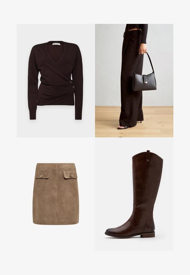Dark brown wrap sweater made of soft fabric, featuring a deep V-neck, long sleeves, and decorative buttons on the side for closure.; Brown suede mini skirt with a smooth texture, featuring two front flap pockets and button closures on each side. Simple, straight design.; Brown knee-high boots made of smooth leather, featuring a rounded toe, low stacked heel, and a subtle stitching pattern along the sides.; Black handbag with structured shape, smooth texture, and a metallic clasp. Paired with wide black pants and open-toe sandals on wooden floor.