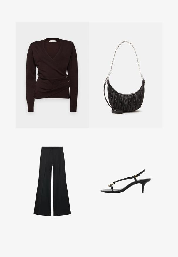 Tmavě hnědý zavinovací svetr z měkké tkaniny, s hlubokým výstřihem ve tvaru V, dlouhými rukávy a dekorativními knoflíky na bocích pro zapínání.; Černé kalhoty s širokými nohavicemi a hladkou texturou, s předními sklady a přizpůsobeným střihem. Materiál je lehký a splývavý.; Černé kožené sandály na kotníkovém podpatku s tenkými pásky, zlatou sponou a minimalistickým provlečením na prstech na bílém pozadí.; Černá kabelka z umělé kůže s prošívanou texturou, zakřiveným tvarem, stříbrným řetízkem a malým logem na přední straně.