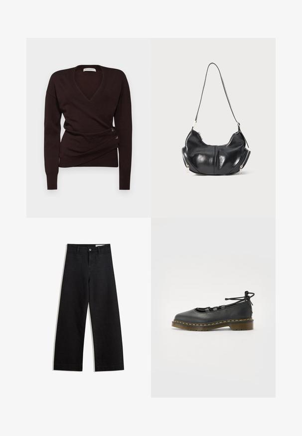 Donkerbruine wikkeltrui van zachte stof, met een diepe V-hals, lange mouwen en decoratieve knopen aan de zijkant voor sluiting.; Zwarte denim broek met wijde pijpen en een hoge taille, voorzien van voor- en achterzakken, gestikte naden en een knoopsluiting. Gladde textuur.; Zwarte leren schoen met een ronde neus, lage hak, vetersluiting en gele stiksels langs de zool. Soepele textuur met een matte afwerking.; Zwarte leren schoudertas in de vorm van een halve maan met zilveren ritsen aan beide kanten en een enkele strap.