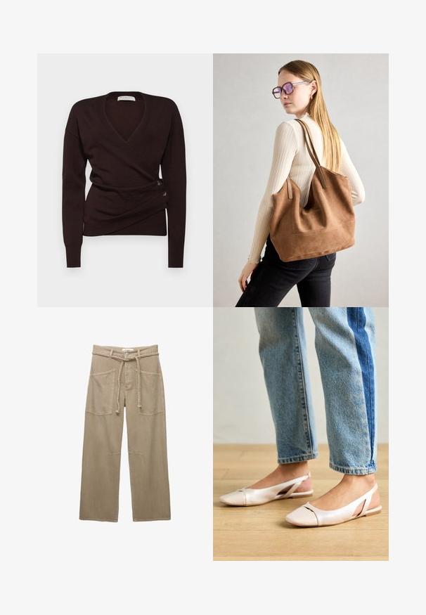Pulover închis la culoare, dintr-un material moale, cu un guler V adânc, mâneci lungi și nasturi decorativi pe lateral pentru închidere.; Pantaloni largi bej, confecționați dintr-un material durabil, având buzunare mari în față, o curea împletită și detalii subtile de cusătură.; Sandalete plate de un roz pal cu vârf ascuțit, realizate dintr-un material asemănător pielii, neted. Prezintă detalii decupate pe laterale și un toc plat.; Geantă de umăr din suede maro, cu o textură moale, deschidere mare și curele lungi. Prezintă un design simplu, cu cusături vizibile și fără accesorii metalice.