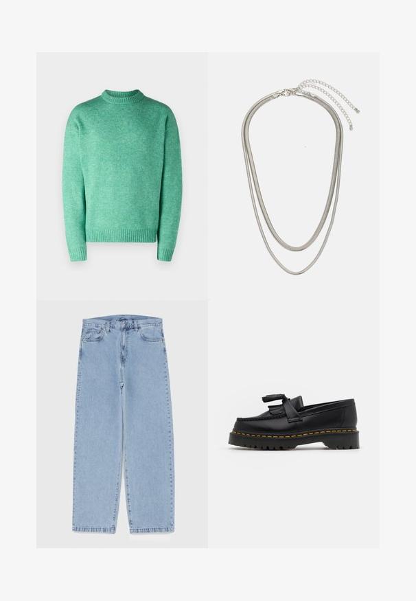 Jack & Jones JOROLLIE CREW NECK - Džemper - holly green; Heled sinise denimi sirgete põlvede lõikega teksad, millel on keskmise kõrgusega vöökoht, viis taskut ning nööbid ja tõmblukk.; Mustmust musta loafer, millel on frantsiisi aktsent, paks must tald ja kollane õmblus servas. Tekstuuriga viimistlus.; Kolmekihiline hõbedane metallkaelakee, mis on valmistatud peentest, paindlikest kettidest kerge läikega, kinnitatud krabi sulguri ja reguleeritava ketiga.