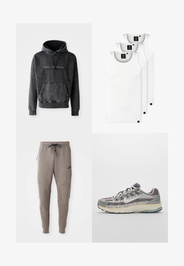 Sweatshirt cinza com um acabamento texturizado, apresentando um bolso canguru, punhos e bainha canelados, e o logotipo "ALPHA INDUSTRIES" em branco na frente.; Três tops em algodão de alças brancas com nervuras. Apresentam um decote redondo e pequenas etiquetas pretas perto da bainha. Disponíveis em vários tamanhos.; Calças de treino cinzentas da Nike com um cós elástico ajustável, pernas ajustadas, bolsos laterais e pormenores de costura distintos. Tecido suave e texturizado.; Sapatilha atlética cinza com parte superior em malha e camurça, detalhes brancos, sola acolchoada e um design distinto com elementos refletivos.