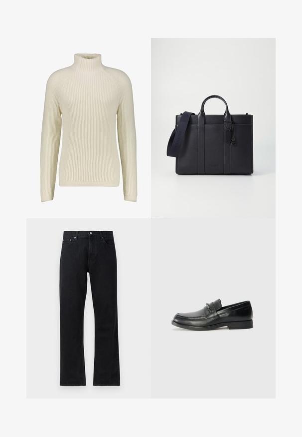 DRYKORN ARVID - Pulover - offwhite; Jeans negri din denim cu un design drept, având închidere cu nasture, stil cu cinci buzunare și detalii discrete de cusături.; Loferi din piele neagră, cu vârful rotunjit, având un design cusut, o bretea mică în față cu detalii din metal și o talpă din cauciuc plat. ; Servietă din piele de culoare albastru închis, cu două mânere superioare și o curea detasabilă. Prezintă un finisaj texturat, cusături verticale și detalii cu logo.