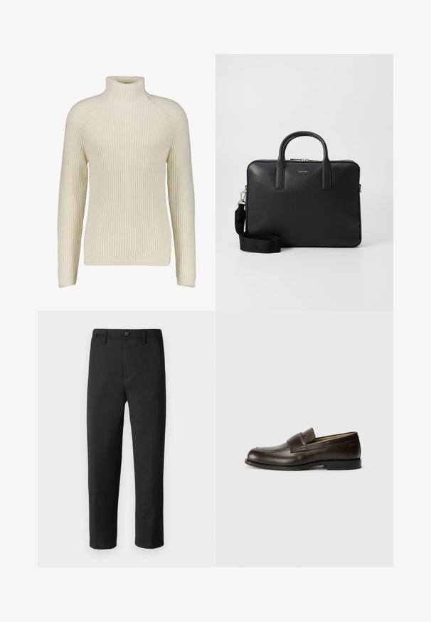 DRYKORN ARVID - Jumper - offwhite; Black trousers with a straight cut, made from smooth fabric. Features a button closure and belt loops. No visible patterns or accents.; Calvin Klein Slip-ons - cocoa brown; Black leather briefcase with a textured finish, dual handles, detachable shoulder strap, and a front logo detail. Zipper closure.