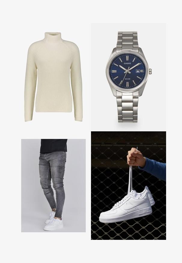 DRYKORN ARVID - Striktrøje - offwhite; Slank jeans i falmet grå denim med slidte detaljer ved knæene, parret med hvide sneakers. Glat tekstur, slim fit design.; Hvide lædersneakers med perforeringer, rund tå, flad sål og tykke snørebånd, med et synligt swoosh-logo og "AIR" på hælen.; Sølv rustfrit stål urrem med en marineblå urskive, metallic timemarkører og et datovindue kl. 3. Vandafvisende op til 50 meter.