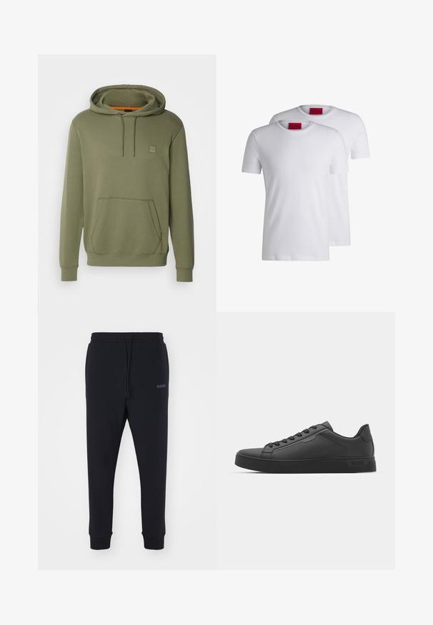 BOSS WETALK - Melegítőfelső - open green; Két sima fehér környakú póló, rövid ujjú, pamutból készült, a nyak részén piros HUGO címkével. Nincsenek minták vagy grafikai elemek.; Fekete melegítőnadrág, puha anyagból, elasztikus derékkal, zsinórral és szűkülő lábakkal. Oldalt egy kis logó található.; Fekete sportcipő sima szintetikus felsőrésszel, kerek orral, lapos fűzőkkel és bordázott gumitalppal. Minimalista dizájn, varrott díszítésekkel.