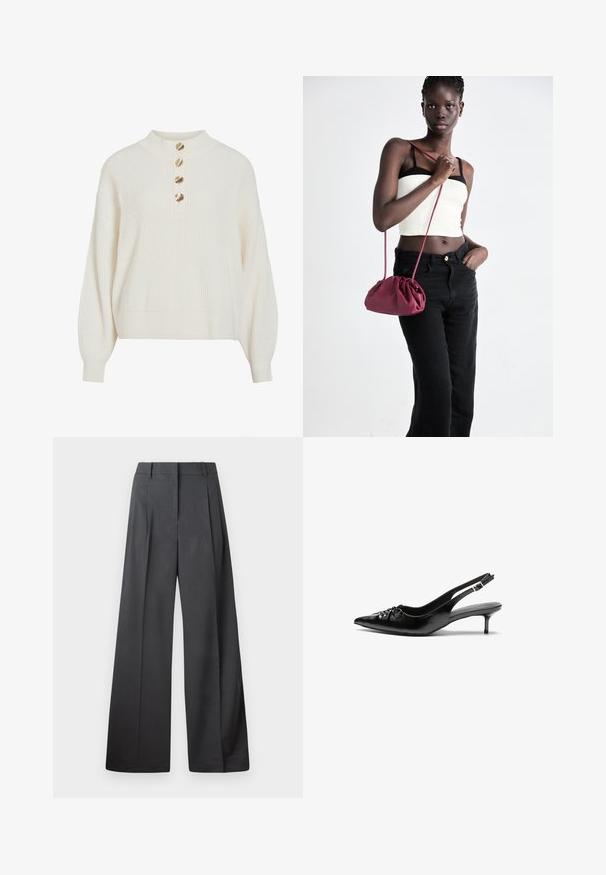 Kremasti rebrasti džemper s balonskim rukavima i četiri zlatne tipke u obliku školjke na visokom ovratniku.; Hlače širokih nogavica u tamnosivoj tkanini, s visokim strukom, jednim naborom i glatkom teksturom s urednim završetkom na rubovima.; Crne kožne sandale na petu s remenom oko pete, špicastim vrhom, niskom petom u stilu kitten i naboranim detaljem na gornjem dijelu. Glatka tekstura i minimalistički dizajn.; Bordo mekani torbeni sakupljenog dizajna s dugom trakicom, nošenom preko tijela. Model nosi bijelu kratku majicu i crne traperice.