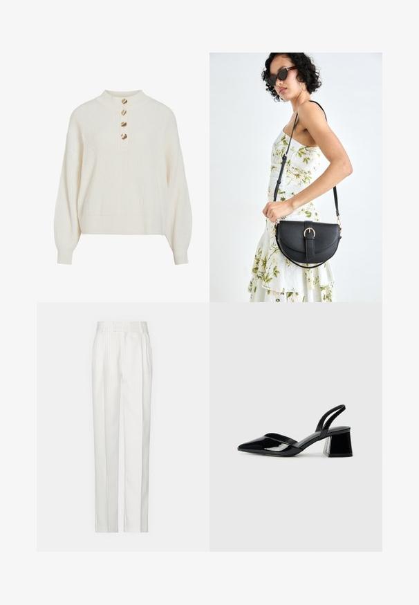 Kremasti rebrasti džemper s balonskim rukavima i četiri zlatne tipke u obliku školjke na visokom ovratniku.; Bijele hlače s prugicama ravnog kroja, izrađene od laganog materijala. Imaju nabore sprijeda i tradicionalni pojas.; Crne lakirane kožne sandale s otvorenom petom i špicastim vrhom, s geometrijskom blok petom. Imaju elegantan, minimalistički dizajn i glatku teksturu.; Crna kožna torba s lukovitim oblikom, odvojivim remenom i zlatnim detaljima. Torba ima preklop s kopčom.