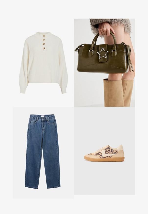 Cream ribbed knit sweater with balloon sleeves and four gold shell-shaped buttons on the high collar placket.; Classic blue denim jeans with a straight-leg design, five pockets, and a button closure. Features a medium wash and sturdy texture.; Leopard print sneakers with beige suede upper, tan rubber sole, and white accents. Round toe and lace-up design with a textured finish.; Olive green faux leather handbag with silver star accent, dual handles, and a zip closure. Textured surface and structured shape.