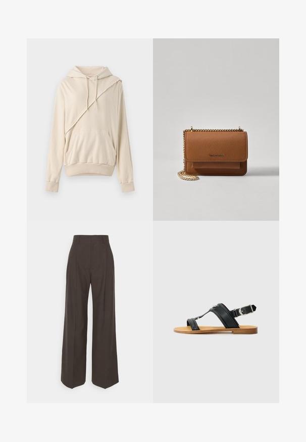 Felpa beige realizzata in tessuto morbido. Presenta un accento cucito diagonale, una tasca frontale e polsini e orlo a coste.; Pantaloni ampi marrone scuro con vita alta, caratterizzati da pieghe ben stirate, una texture liscia e una vestibilità su misura.; Sandalo in pelle nera con fibbia regolabile, suola piatta color corda e due ampie cinghie che si incrociano sopra il piede, design minimalista.; Borsa a tracolla in pelle marrone con texture, dotata di catena dorata e chiusura a pattina. Sul davanti presenta un dettaglio con logo e una tasca sotto la pattina.