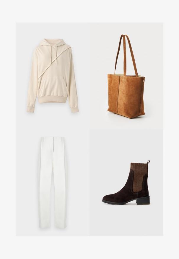 Beżowy hoodie wykonany z miękkiego materiału. Posiada skośny szew dekoracyjny, kieszeń z przodu oraz ściśnięte mankiety i dół.; Paul Smith - Spodnie materiałowe; Brązowy zamszowy botek do kostki z teksturowanym, brązowym, prążkowanym materiałem górnym, gładkim wykończeniem, niskim słupkowym obcasem i pętlą przy pięcie ułatwiającą zakładanie.; Brązowa torebka z zamszu z dwoma długimi uchwytami, gładką fakturą i wykończeniami szytymi, o prostym, strukturalnym wzorze.