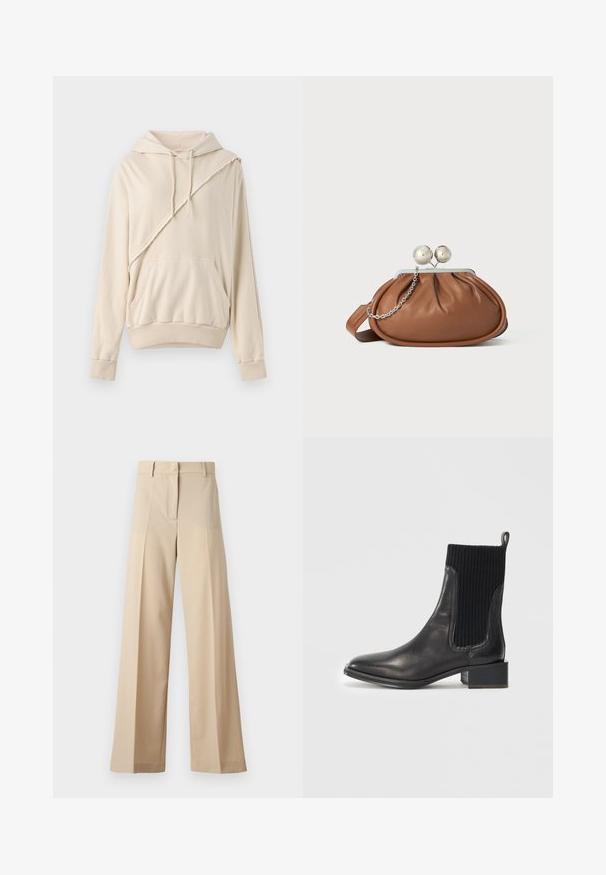 Beżowy hoodie wykonany z miękkiego materiału. Posiada skośny szew dekoracyjny, kieszeń z przodu oraz ściśnięte mankiety i dół.; Beżowe spodnie o szerokich nogawkach wykonane z gładkiego materiału, z płaskim przodem i zakładkami, z zapięciem na zamek i pętelkami na pasek. Dopasowany krój.; Czarne skórzane botki za kostkę z prążkowanym czarnym elastycznym panelem, kwadratowym noskiem i niskim blokowym obcasem. Gładka tekstura z minimalnymi detalami przeszycia.; Brązowa skórzana kopertówka z srebrnym zapięciem w kształcie kuli oraz małym srebrnym łańcuszkiem na białym tle.