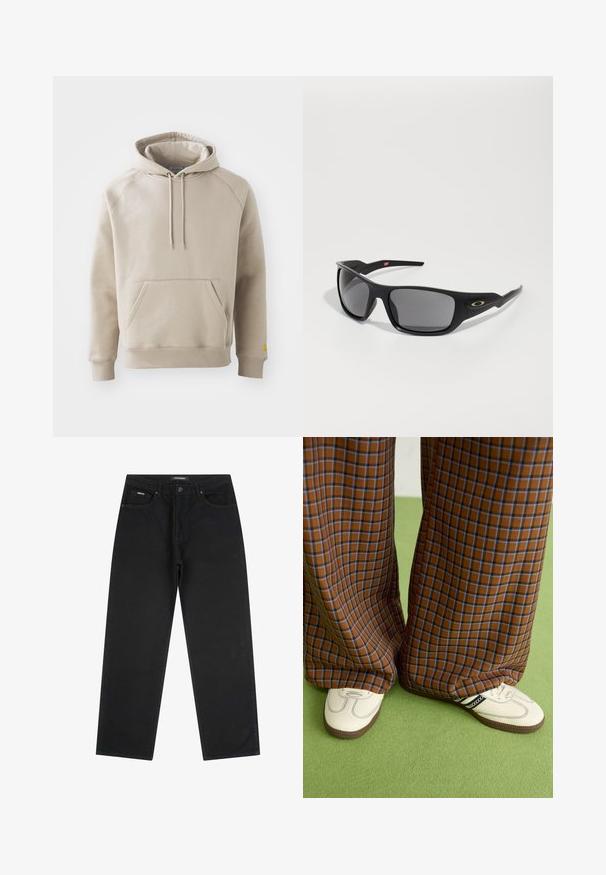 Khaki mikina s velkou kapsou na přední straně, žebrovanými manžetami a lemem. Má nastavitelné šňůrky a volný střih. Vyrobena z měkké tkaniny.; Černé džíny s rovnými nohavicemi, s předními knoflíky a zipem, poutky na opasek a pětipocketovým designem, položeny na bílé pozadí.; Hnědo-modré kostkované široké kalhoty doplněné bílými botami s černými akcenty a texturovanou podrážkou, umístěné na zeleném pozadí.; Černé sluneční brýle s obdélníkovým tvarem, vyrobené z odolného plastu, s šedými zrcadlovými skly a zlatým akcentem po straně.