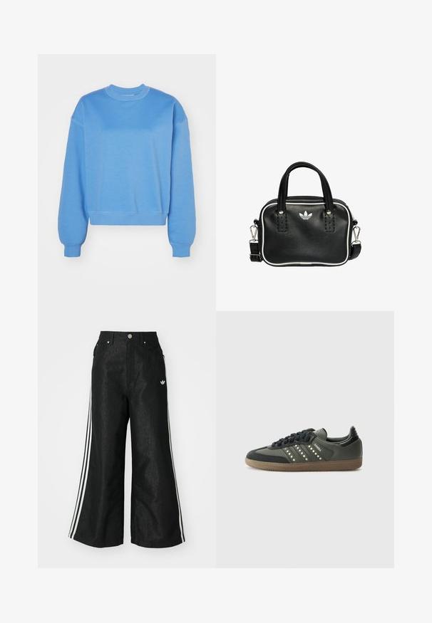 Weekday ESSENCE STANDARD - Mikina - blue medium; Černé široké džíny s třemi bílými pruhy po stranách a malým bílým logem. Obsahují přední kapsy a zapínání na knoflík.; adidas Originals SAMBA OG - Tenisky - core black/legend earth/gum; Černá kožená kabelka se dvěma krátkými uchy, stříbrným kováním, bílými detaily a bílým logem. Má texturovaný povrch a kompaktní design.