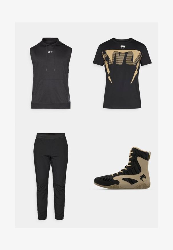 Bezrukávový čierny hoodie vyrobený z mäkkého materiálu, s predným vreckom, kapucňou so šnúrkou a bielym logom na hrudi.; Čierne bavlnené tričko s veľkým, výrazným zlatým grafickým dizajnom s pruhmi a logom kobry na hrudi. Klasický strih s okrúhlym výstrihom.; Čierne legíny s priliehavým strihom, elastickým pásom a vreckami na zips. Hladká textúra s mierne lesklým povrchom.; Vysoké športové topánky s čiernou sieťovinou a béžovými akcentmi. Štruktúrovaná gumová podrážka a detail loga na boku.